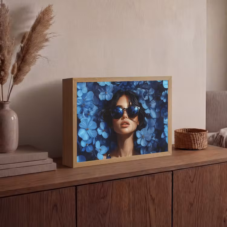 Vrouw - Blauw - Bloemen - Vlinders - Natuur Light Box met batterij (Wandlamp) middel -sfeer2