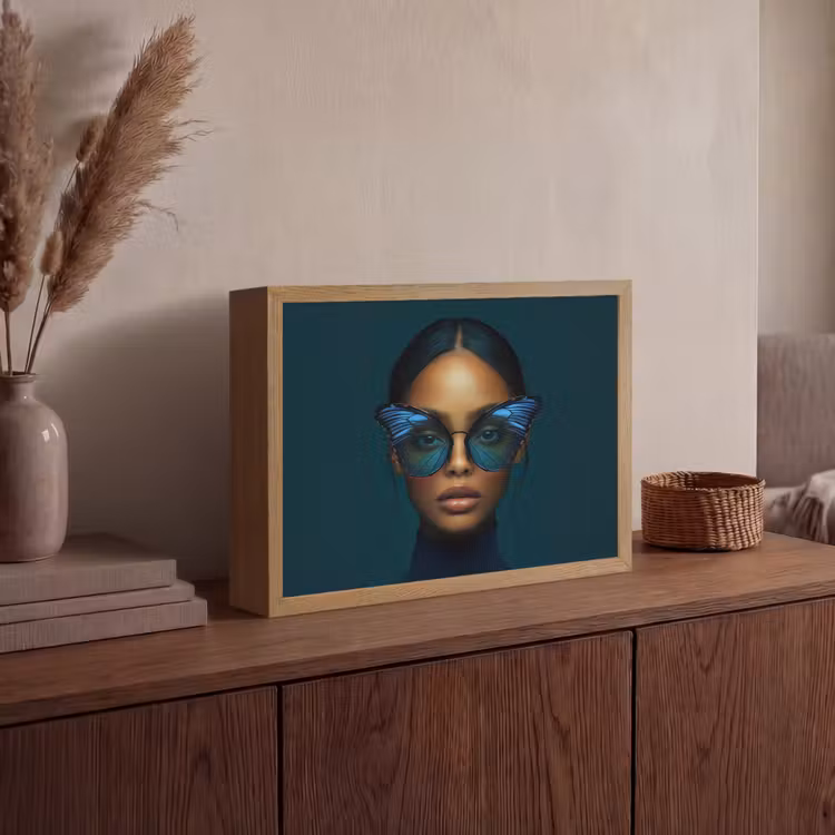 Vrouw - Vlinder - Bril - Blauw - Modern - Portret Light Box met batterij (Wandlamp) middel -sfeer2