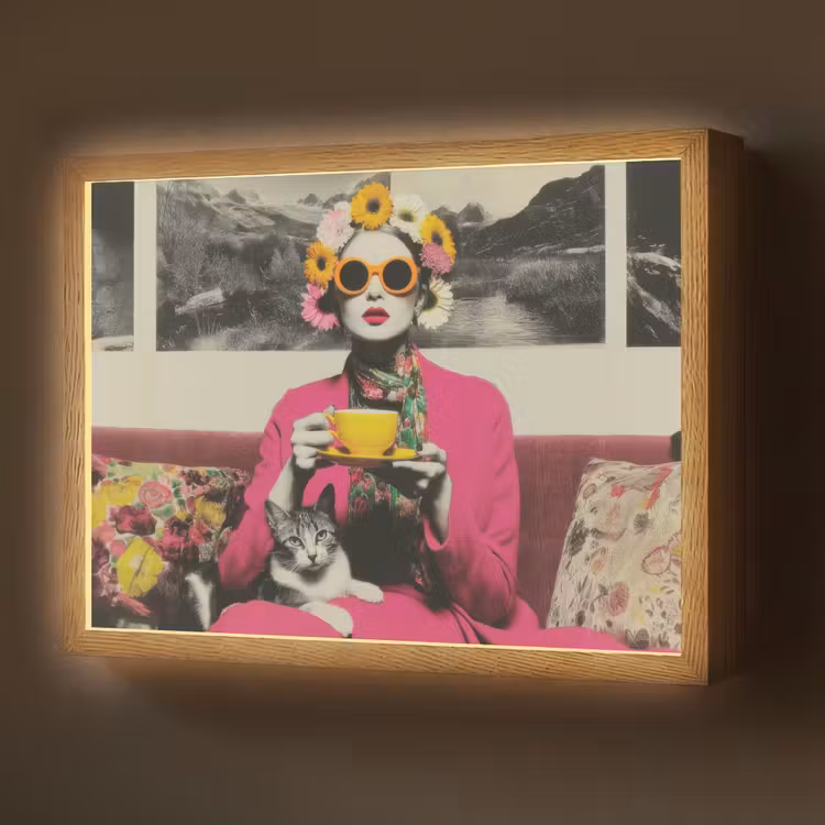 Vrouw - Kat - Bloemen - Kopje - Retro Light Box met batterij (Wandlamp) middel -z3d_website