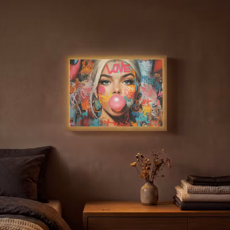 Vrouw - Kauwgom - Graffiti - Love Light Box met batterij (Wandlamp) middel -sfeer4