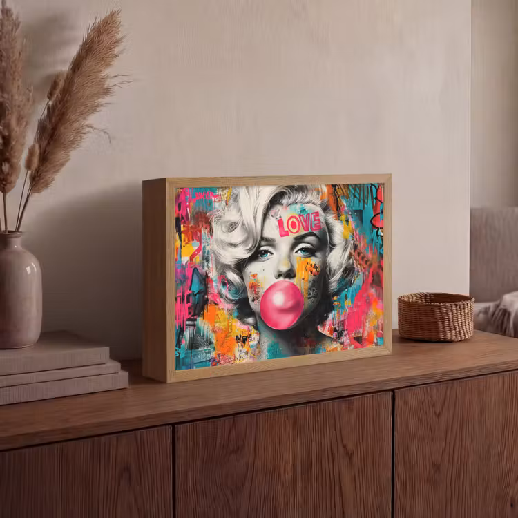 Vrouw - Kauwgom - Graffiti - Neonkleuren Light Box met batterij (Wandlamp) middel -sfeer2