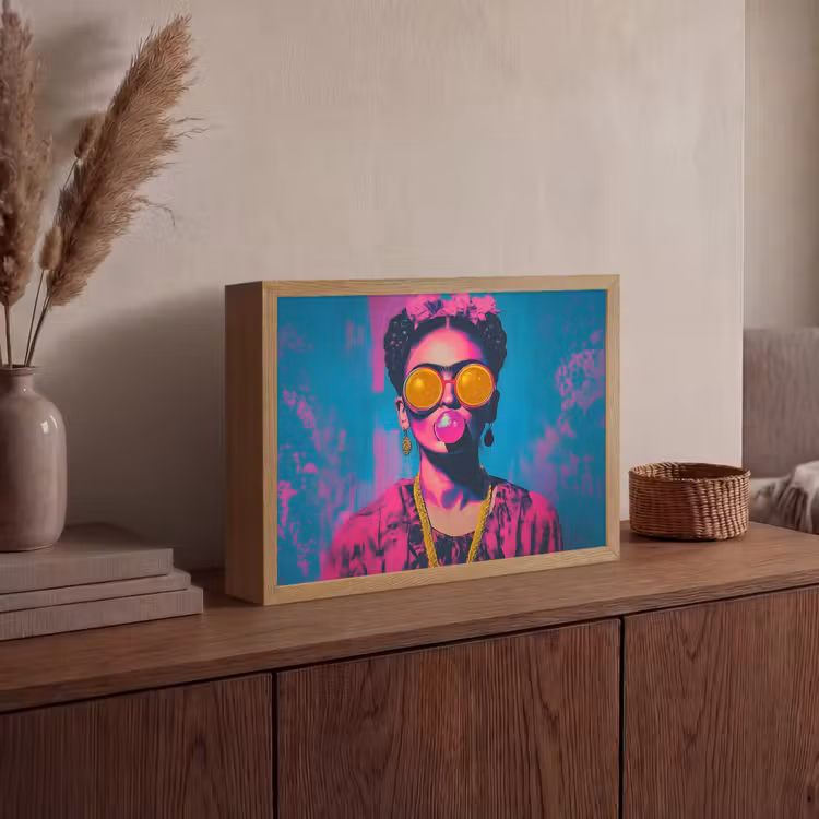 Vrouw - Kauwgom - Zonnebril - Oranje Light Box met batterij (Wandlamp) middel -sfeer2