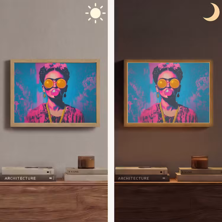 Vrouw - Kauwgom - Zonnebril - Oranje Light Box met batterij (Wandlamp) middel -sfeer3