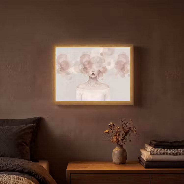Vrouw - Cirkels - Beige Light Box met batterij (Wandlamp) middel -sfeer4