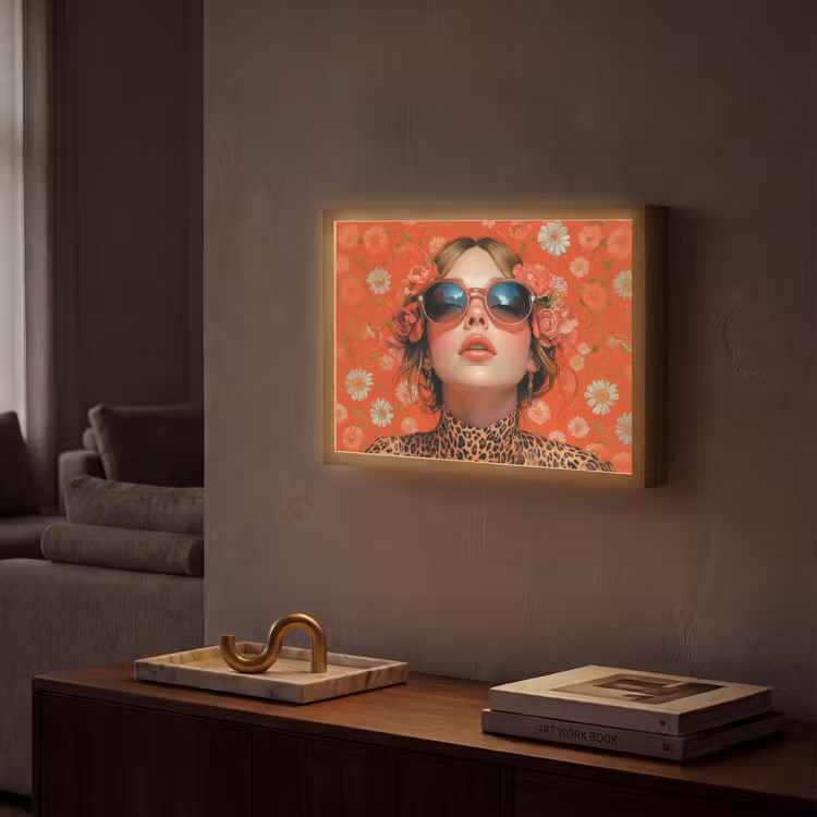 Vrouw - Kleurrijk - Dierenprint - Bloemen Light Box met batterij (Wandlamp) middel -sfeer1