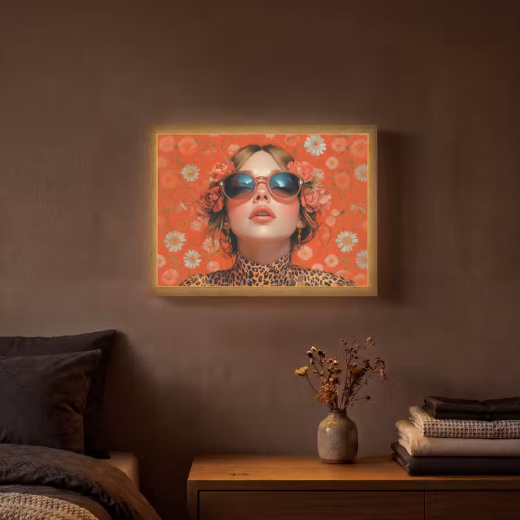 Vrouw - Kleurrijk - Dierenprint - Bloemen Light Box met batterij (Wandlamp) middel -sfeer4