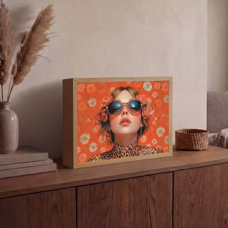 Vrouw - Kleurrijk - Dierenprint - Bloemen Light Box met batterij (Wandlamp) middel -sfeer2