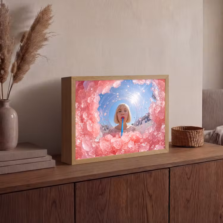 Vrouw - Drank - Zomer - Roze - Blauw Light Box met batterij (Wandlamp) middel -sfeer2
