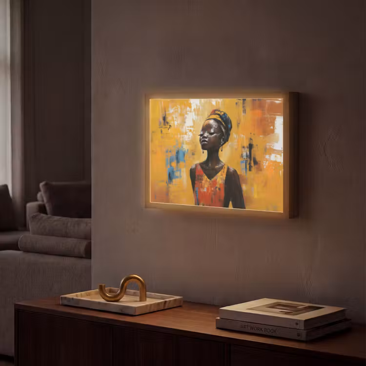 Vrouw - Ogen - Penseelstreken - Geel Light Box met batterij (Wandlamp) middel -sfeer1