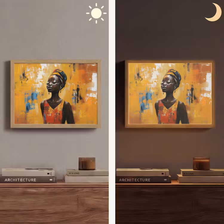 Vrouw - Ogen - Penseelstreken - Geel Light Box met batterij (Wandlamp) middel -sfeer3