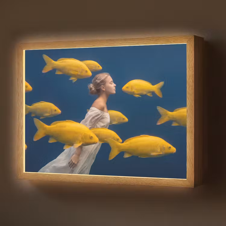 Vrouw - Vis - Water - Natuur - Geel Light Box met batterij (Wandlamp) middel -z3d_website