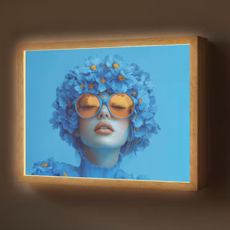 Vrouw - Bloem - Blauw - Modern - Bril - Portret Light Box met batterij (Wandlamp) middel -z3d_website