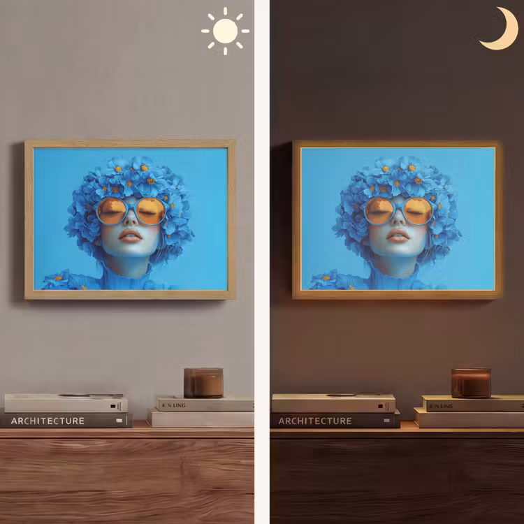 Vrouw - Bloem - Blauw - Modern - Bril - Portret Light Box met batterij (Wandlamp) middel -sfeer3
