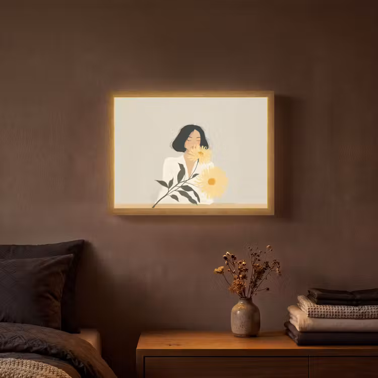 Vrouw - Bloem - Geel - Minimalistisch Light Box met batterij (Wandlamp) middel -sfeer4