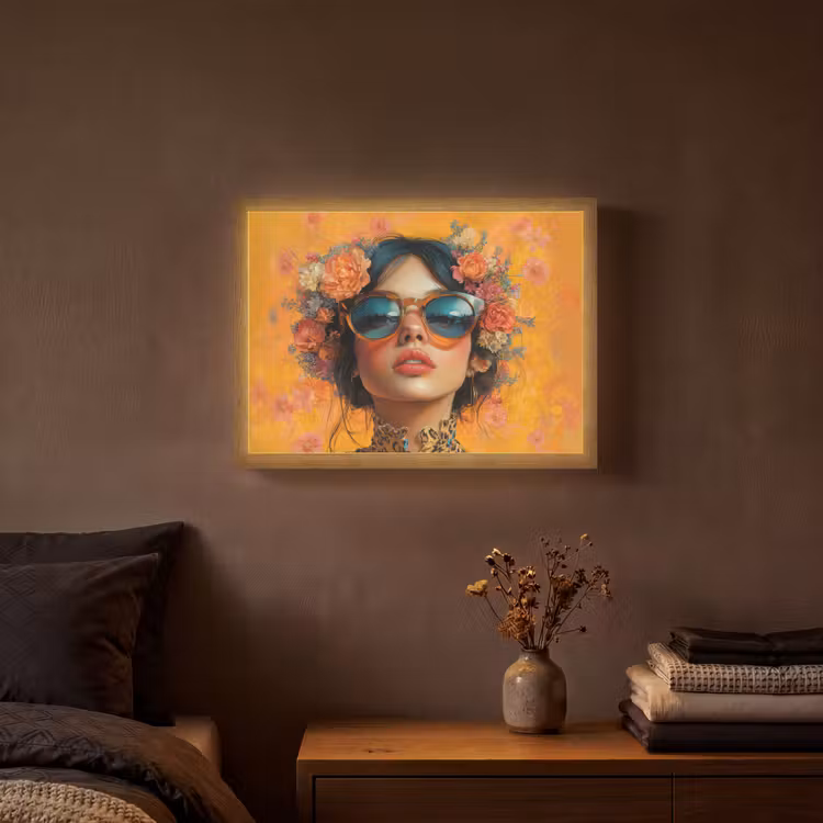 Vrouw - Bloemen - Aesthetic - Oranje Light Box met batterij (Wandlamp) middel -sfeer4