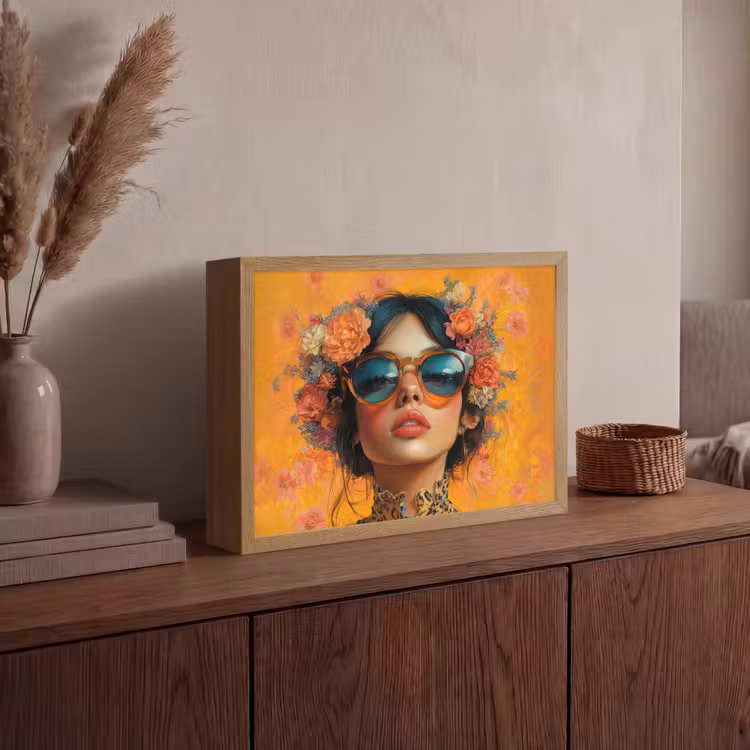 Vrouw - Bloemen - Aesthetic - Oranje Light Box met batterij (Wandlamp) middel -sfeer2