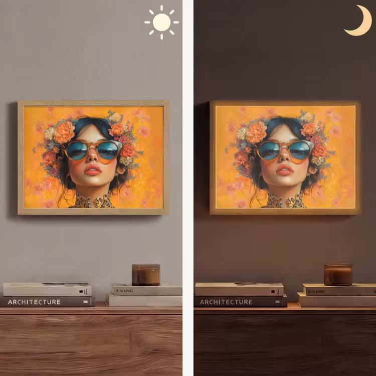 Vrouw - Bloemen - Aesthetic - Oranje Light Box met batterij (Wandlamp) middel -sfeer3