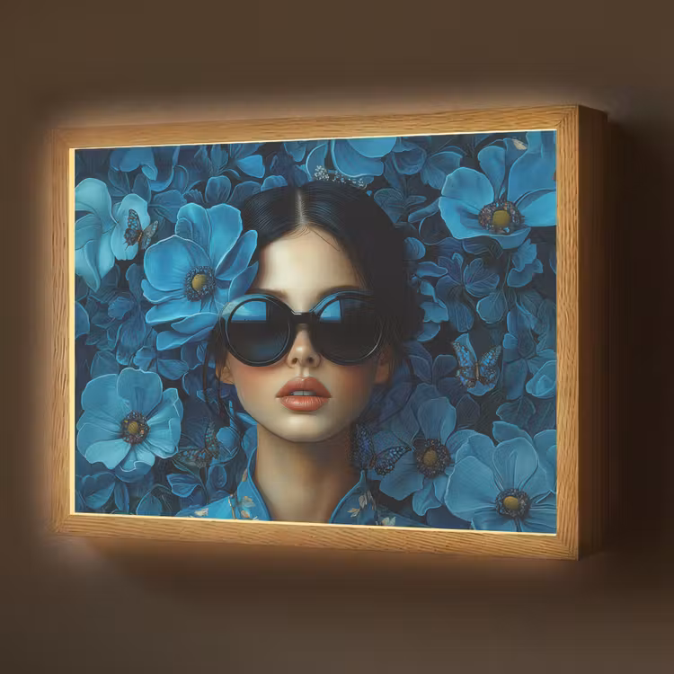 Vrouw - Bloemen - Blauw - Aesthetic - Luxe Light Box met batterij (Wandlamp) middel -z3d_website