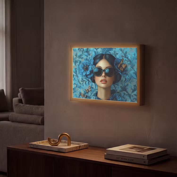 Vrouw - Bloemen - Vlinders - Blauw - Abstract Light Box met batterij (Wandlamp) middel -sfeer1