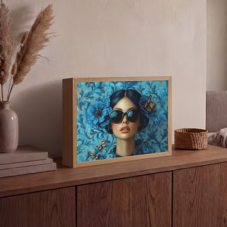 Vrouw - Bloemen - Vlinders - Blauw - Abstract Light Box met batterij (Wandlamp) middel -sfeer2