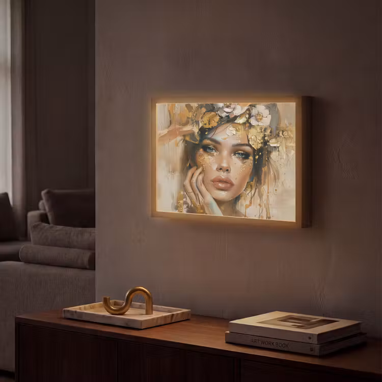 Vrouw - Bloemen  - Goud - Portret Light Box met batterij (Wandlamp) middel -sfeer1
