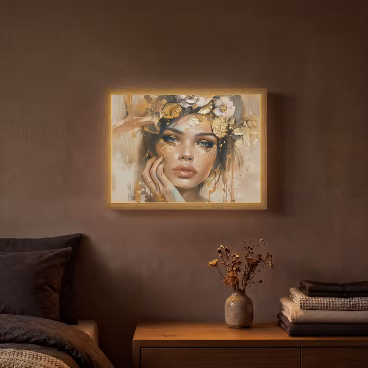 Vrouw - Bloemen  - Goud - Portret Light Box met batterij (Wandlamp) middel -sfeer4