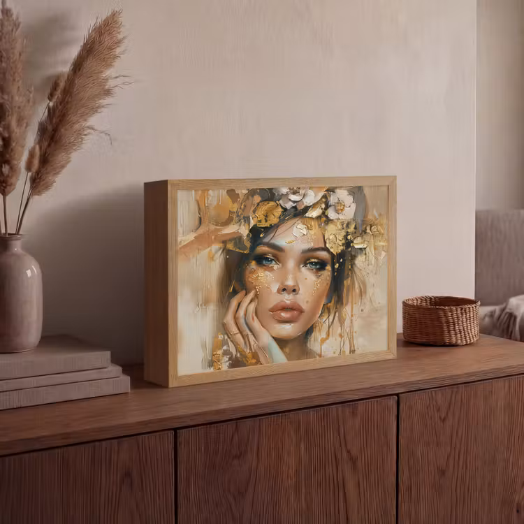 Vrouw - Bloemen  - Goud - Portret Light Box met batterij (Wandlamp) middel -sfeer2