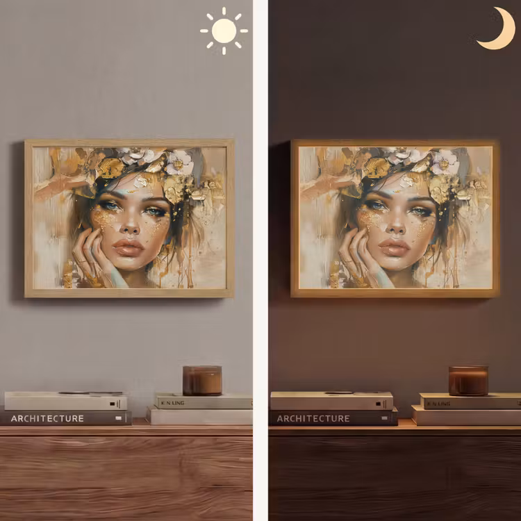 Vrouw - Bloemen  - Goud - Portret Light Box met batterij (Wandlamp) middel -sfeer3