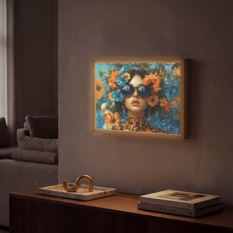 Vrouw - Bloemen - Oranje - Blauw - Modern Light Box met batterij (Wandlamp) middel -sfeer1