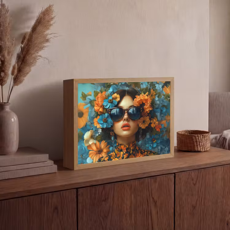 Vrouw - Bloemen - Oranje - Blauw - Modern Light Box met batterij (Wandlamp) middel -sfeer2