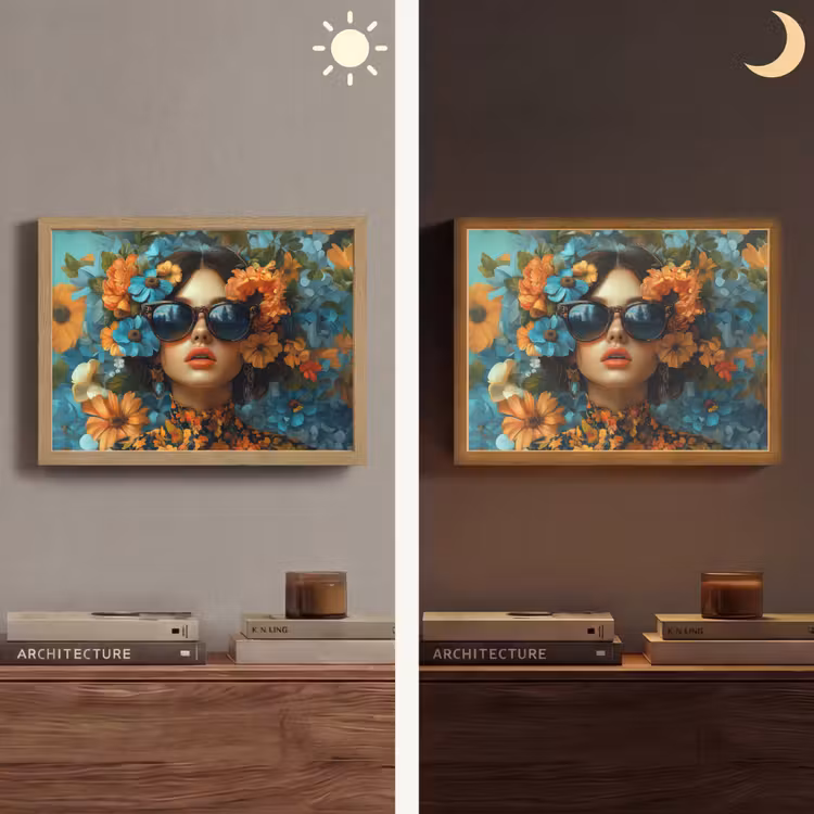 Vrouw - Bloemen - Oranje - Blauw - Modern Light Box met batterij (Wandlamp) middel -sfeer3
