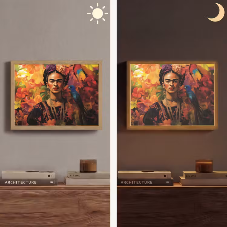 Vrouw - Bloemen - Papegaai - Schilderachtig Light Box met batterij (Wandlamp) middel -sfeer3