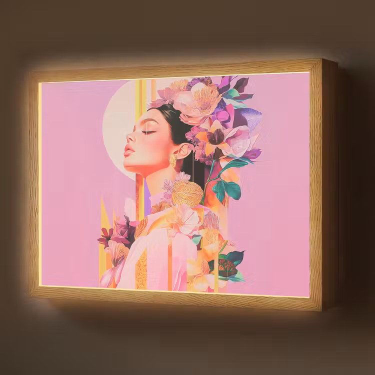 Vrouw - Bloemen - Paars - Abstract Light Box met batterij (Wandlamp) middel -z3d_website