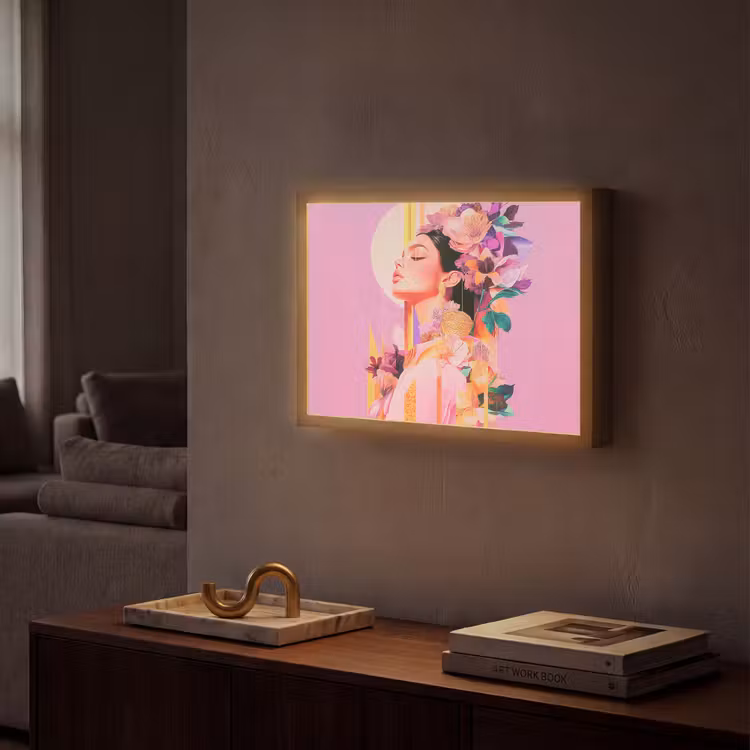 Vrouw - Bloemen - Paars - Abstract Light Box met batterij (Wandlamp) middel -sfeer1