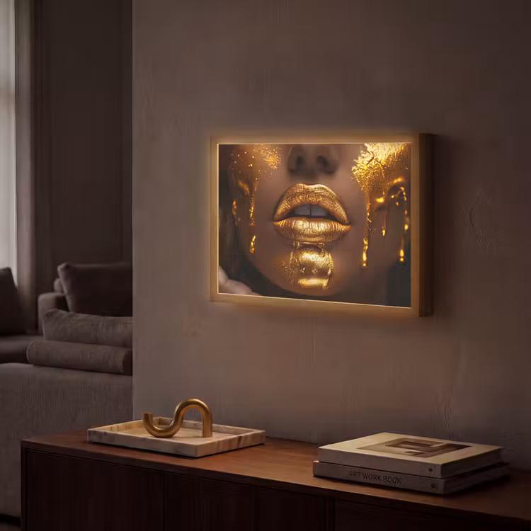 Vrouw - Goud - Gezicht - Verf - Lippen Light Box met batterij (Wandlamp) middel -sfeer1