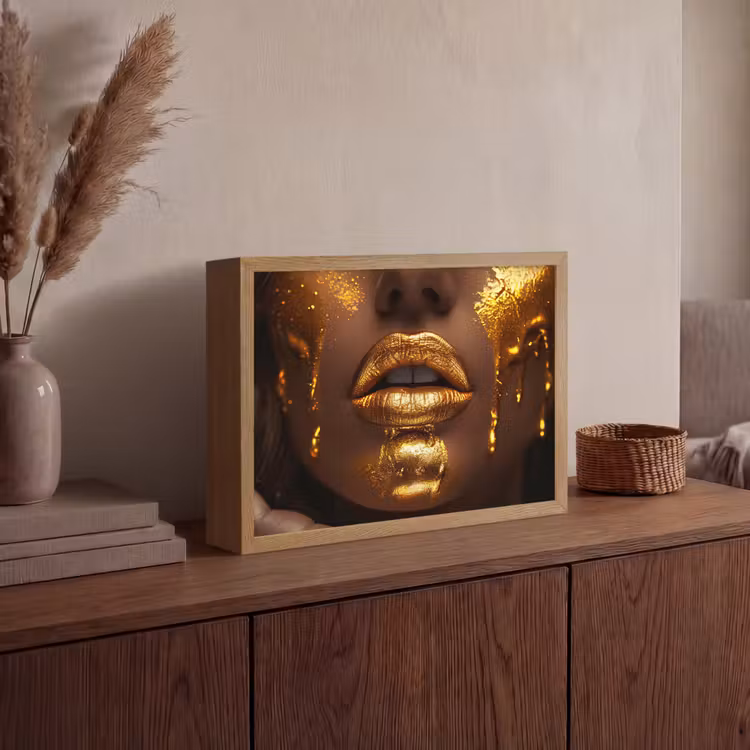 Vrouw - Goud - Gezicht - Verf - Lippen Light Box met batterij (Wandlamp) middel -sfeer2
