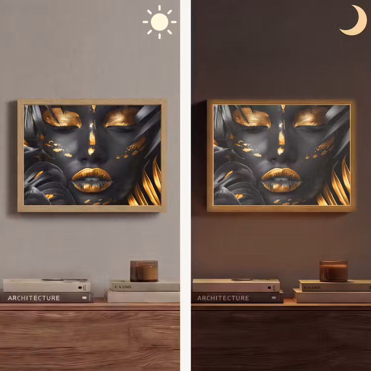 Vrouw - Goud - Natuur - Portret - Modern Light Box met batterij (Wandlamp) middel -sfeer3
