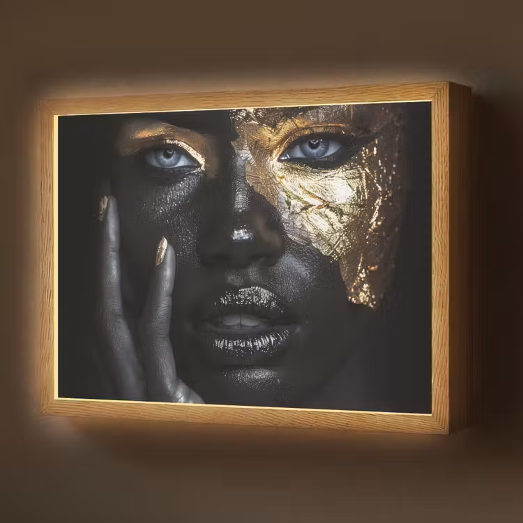 Vrouw - Goud - Portret - Modern - Zwart - Abstract Light Box met batterij (Wandlamp) middel -z3d_website