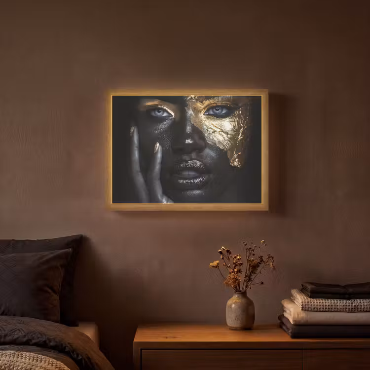 Vrouw - Goud - Portret - Modern - Zwart - Abstract Light Box met batterij (Wandlamp) middel -sfeer4