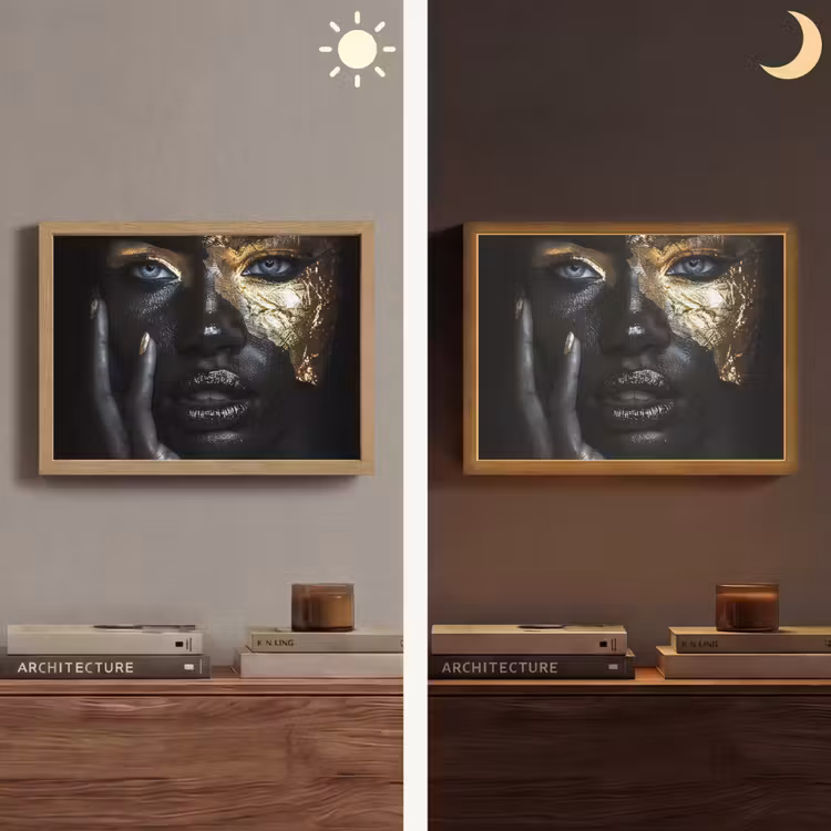 Vrouw - Goud - Portret - Modern - Zwart - Abstract Light Box met batterij (Wandlamp) middel -sfeer3