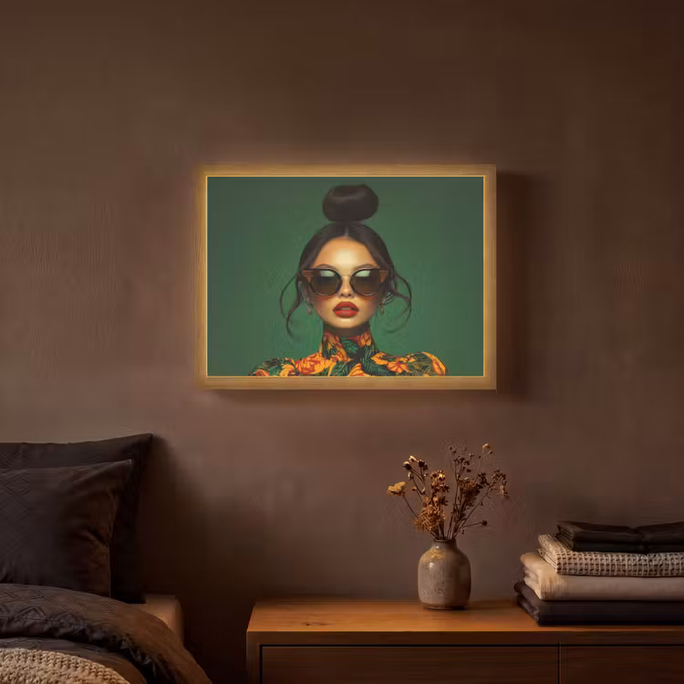 Vrouw - Groen - Modern - Bril - Abstract Light Box met batterij (Wandlamp) middel -sfeer4