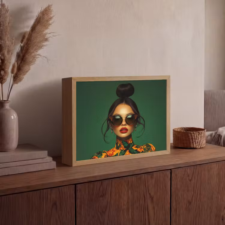 Vrouw - Groen - Modern - Bril - Abstract Light Box met batterij (Wandlamp) middel -sfeer2