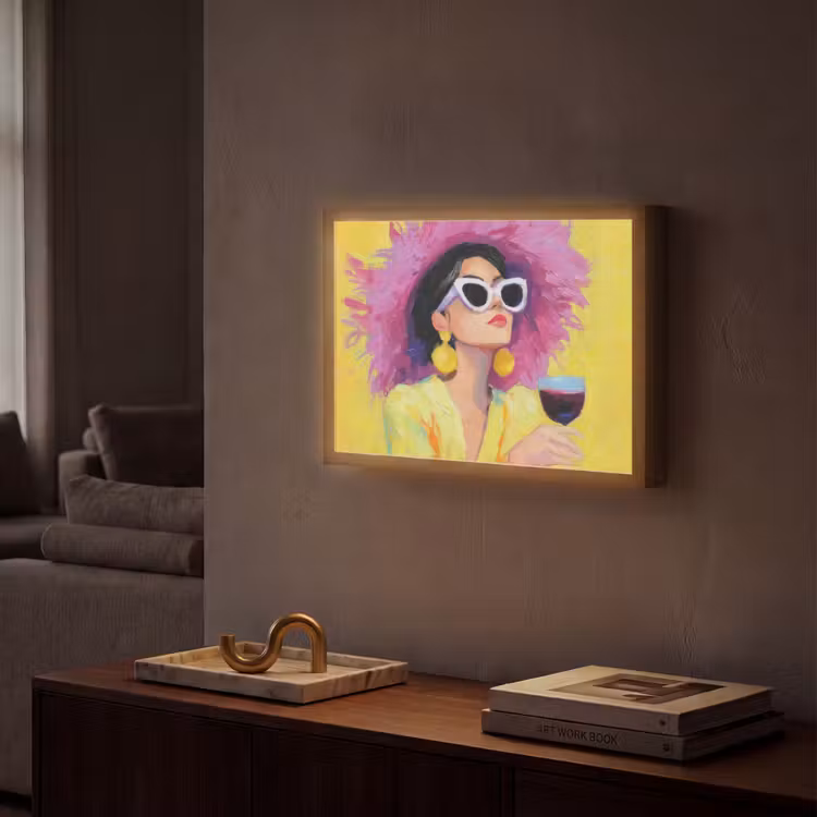 Vrouw - Hoed - Paars - Wijn Light Box met batterij (Wandlamp) middel -sfeer1