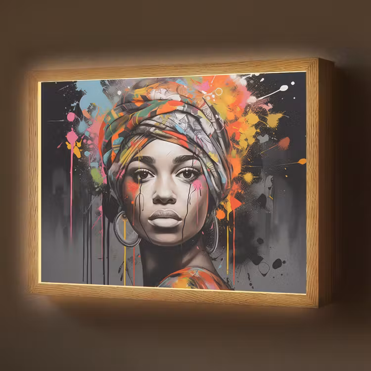 Vrouw - Hoofddoek - Graffiti - Zwart Light Box met batterij (Wandlamp) middel -z3d_website