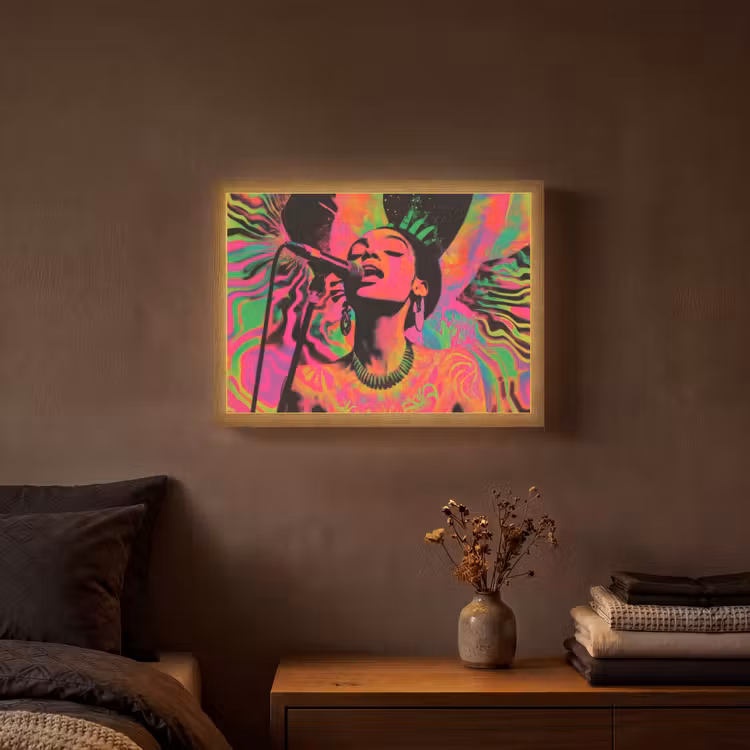 Vrouw - Microfoon - Neon Light Box met batterij (Wandlamp) middel -sfeer4