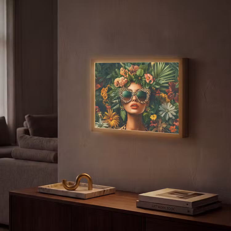 Vrouw - Panterprint - Jungle - Natuur - Luxe Light Box met batterij (Wandlamp) middel -sfeer1