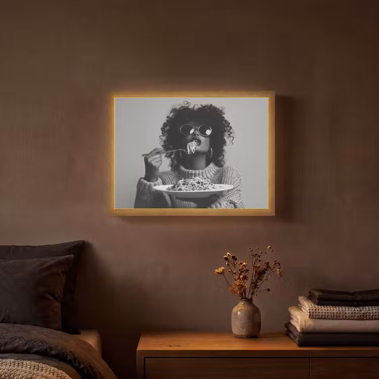 Vrouw - Pasta - Zwart - Wit Light Box met batterij (Wandlamp) middel -sfeer4