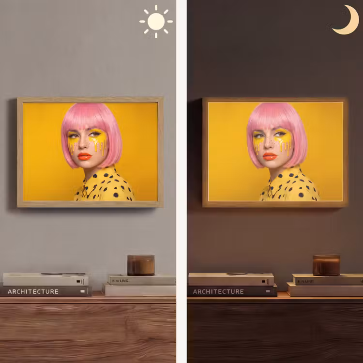 Vrouw - Portret - Abstract - Kleurrijk - Geel Light Box met batterij (Wandlamp) middel -sfeer3