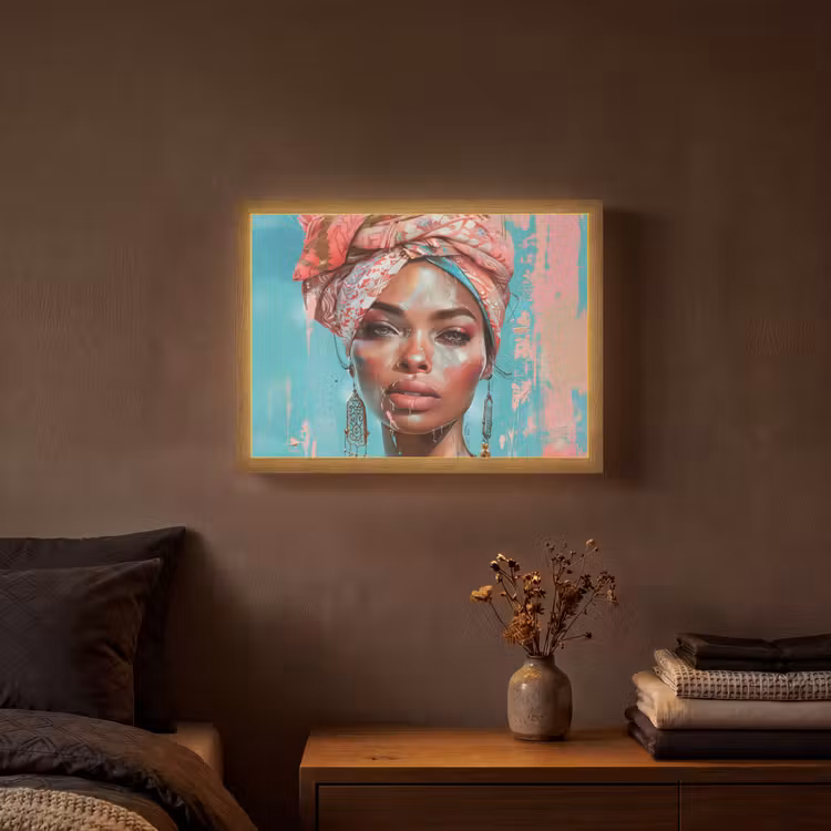 Vrouw - Portret - Blauw - Roze - Modern Light Box met batterij (Wandlamp) middel -sfeer4