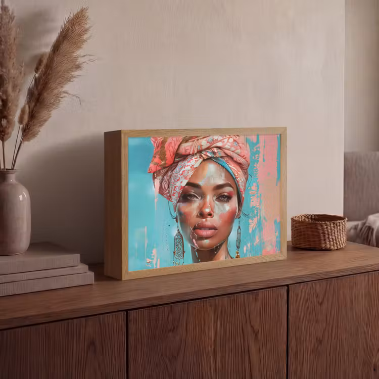 Vrouw - Portret - Blauw - Roze - Modern Light Box met batterij (Wandlamp) middel -sfeer2